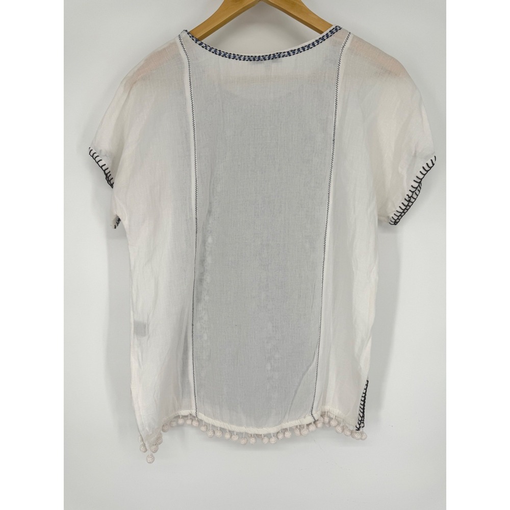 Madewell White Blue Embroidered Pom Pom Hem Boho Blouse XS F2131 Coastal Summer - Picture 8 of 10